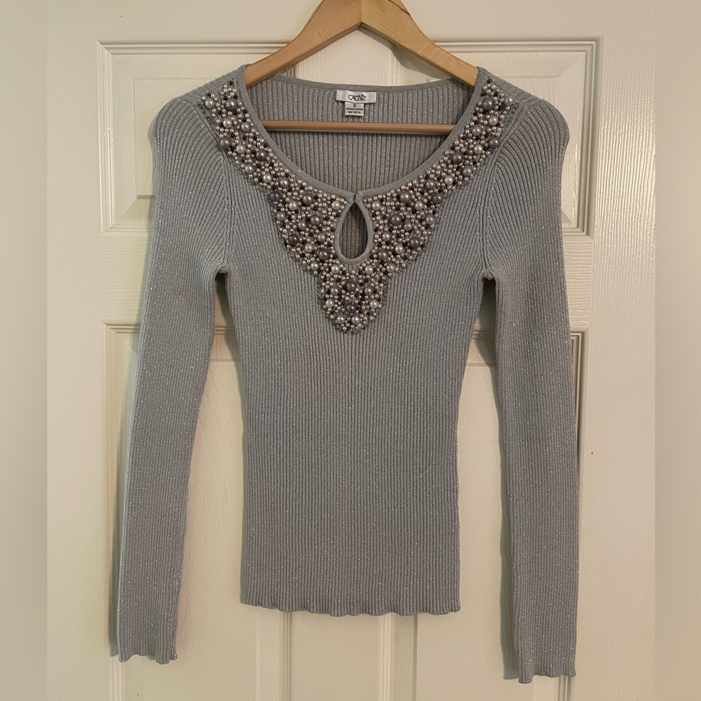 CACHE Silver Grey Metallic Knit Pearl Sweater Size S